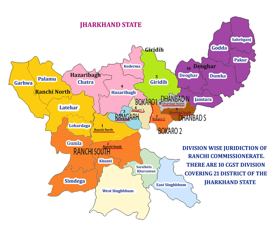 Map showing the jurisdiction of Central GST Commissionerate Jamshedpur in Jharkhand